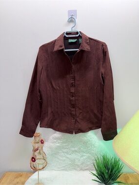 Brown Suede Feel Christopher & Banks Summer Coastal Cowgirl Button-Front Shirt 👚